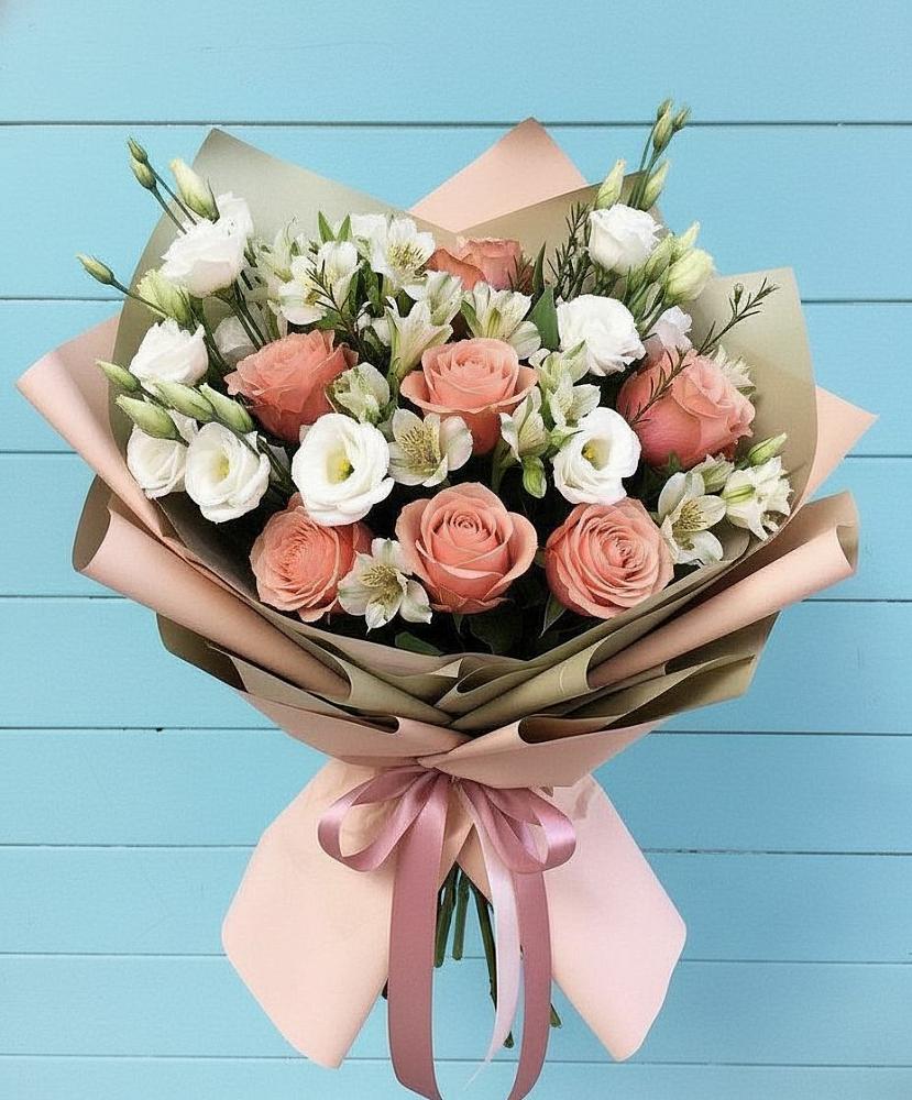Букет цветов из: Розы, Альстромерии и Лизиантусы в Спас-Заулок