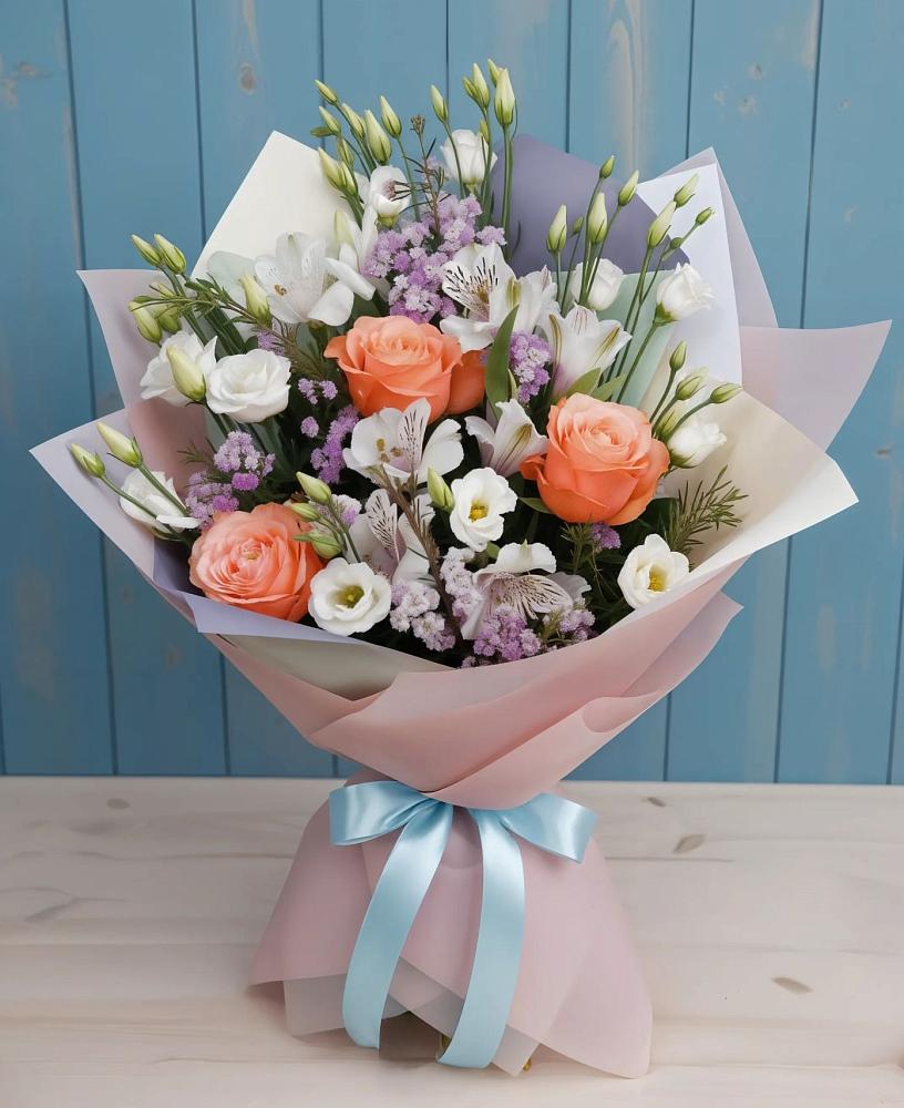 Букет цветов из: Лизиантусы, Розы, Альстромерии и Гипсофила в Спас-Заулок