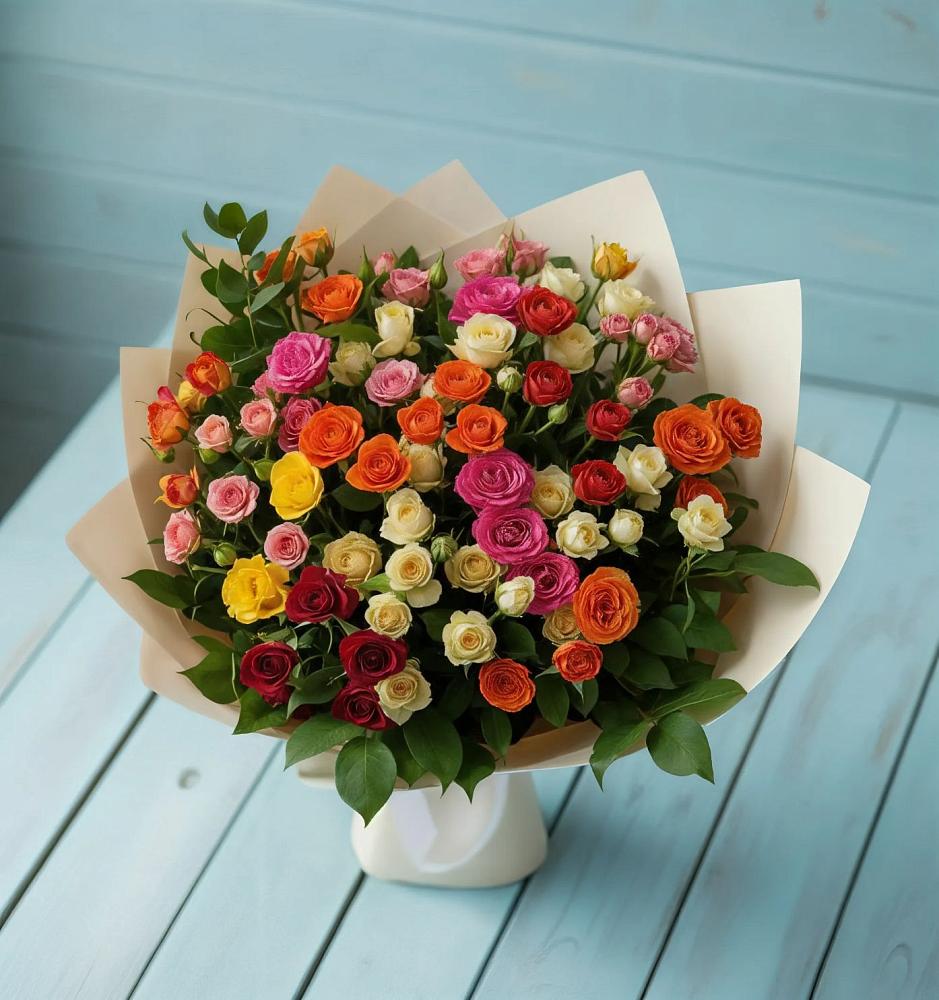 Букет Микс из разноцветных кустовых роз в Спас-Заулок