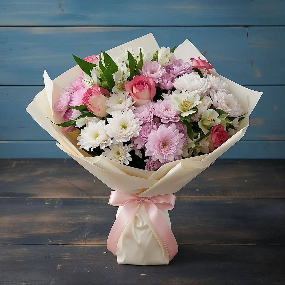 Букет цветов из: Хризантемы, Альстромерии и Розы в Спас-Заулок